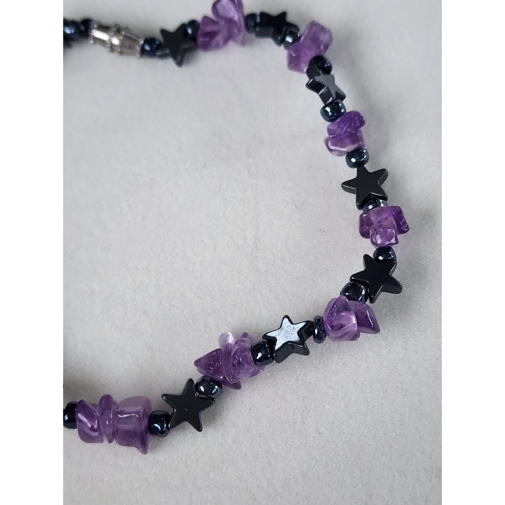 Genuine AMETHYST Chip With Gunmetal Gray Stars Bracelet Hand Crafted FREE $HIP!! - Picture 2 of 5
